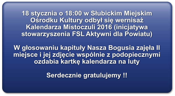 18 stycznia o 18:00 w Słubickim Miejskim Ośrodku Kultury odbył się wernisaż Kalendarza Mistoczuli 2016 (inicjatywa stowarzyszenia FSL Aktywni dla Powiatu)  W głosowaniu kapituły Nasza Bogusia zajęła II miejsce i jej zdjęcie wsplnie z podopiecznymi ozdabia kartkę kalendarza na luty  Serdecznie gratulujemy !!