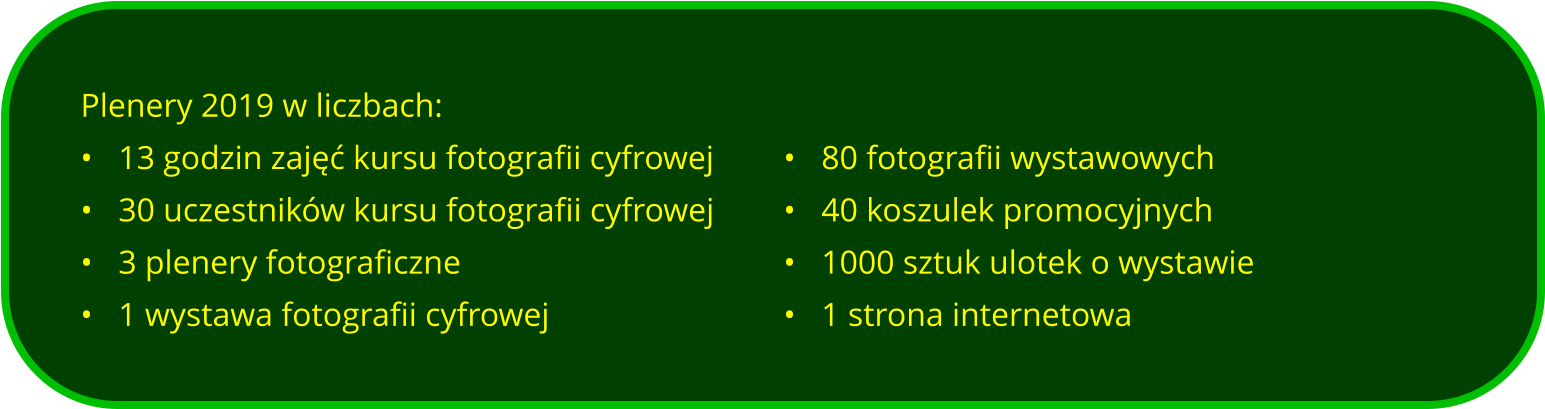 Plenery 2019 w liczbach: •	13 godzin zajęć kursu fotografii cyfrowej •	30 uczestników kursu fotografii cyfrowej •	3 plenery fotograficzne •	1 wystawa fotografii cyfrowej  •	80 fotografii wystawowych •	40 koszulek promocyjnych  •	1000 sztuk ulotek o wystawie •	1 strona internetowa