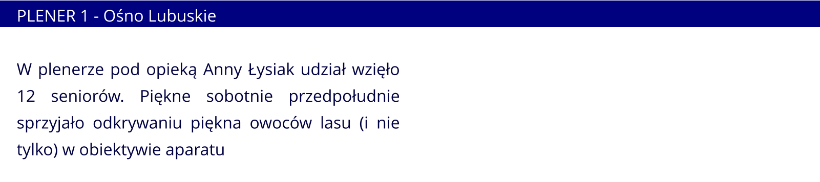 PLENER 1 - Ośno Lubuskie  W plenerze pod opieką Anny Łysiak udział wzięło 12 seniorów. Piękne sobotnie przedpołudnie sprzyjało odkrywaniu piękna owoców lasu (i nie tylko) w obiektywie aparatu